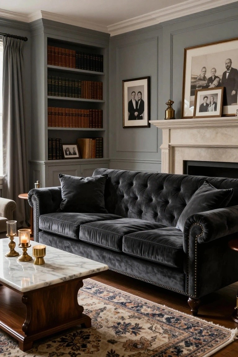 Grey-paneled living room with black velvet tufted sofa, marble coffee table on wood base, bookshelves filled with books, marble fireplace, and framed photos on walls.