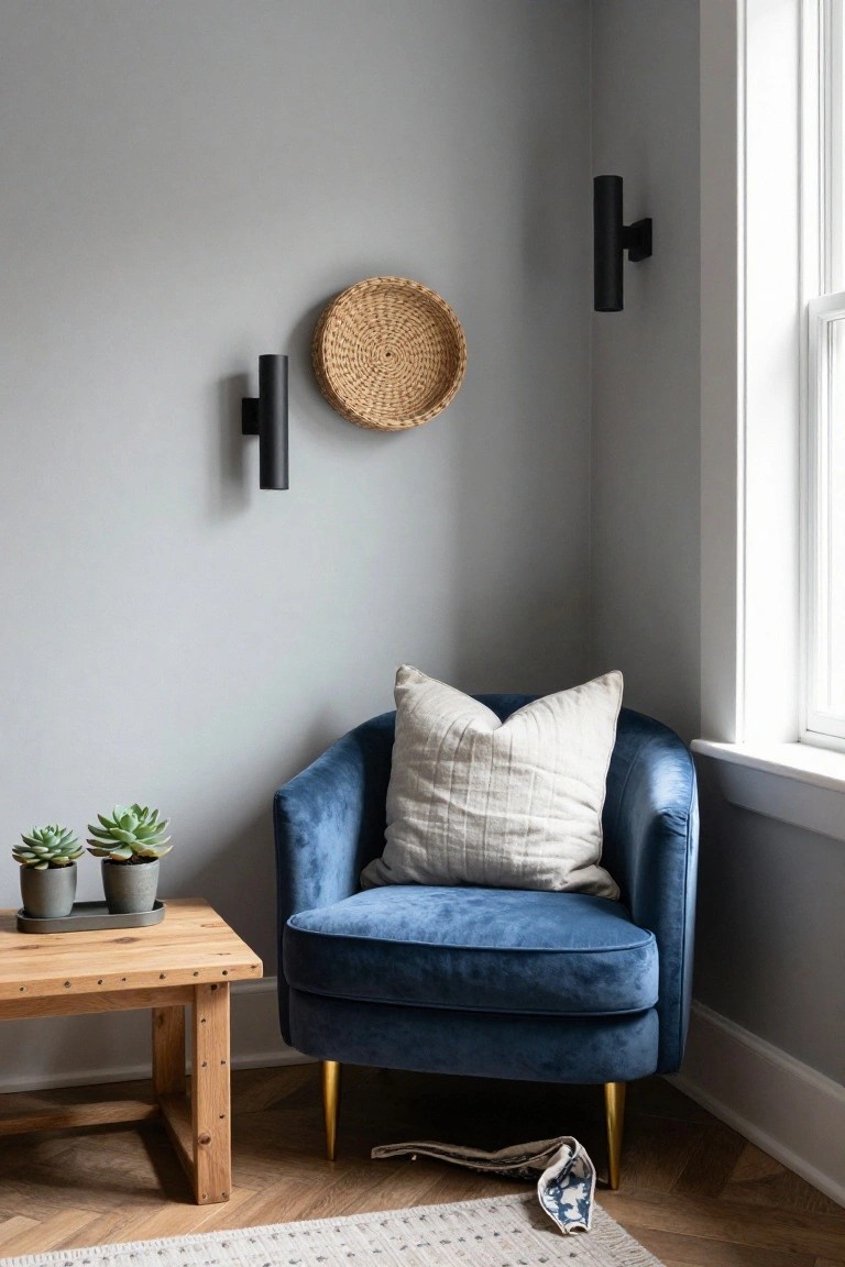 Light grey corner room with a curved deep blue velvet armchair on gold legs, wooden side table holding two potted succulents, black wall sconces, woven basket wall decor, and a window.