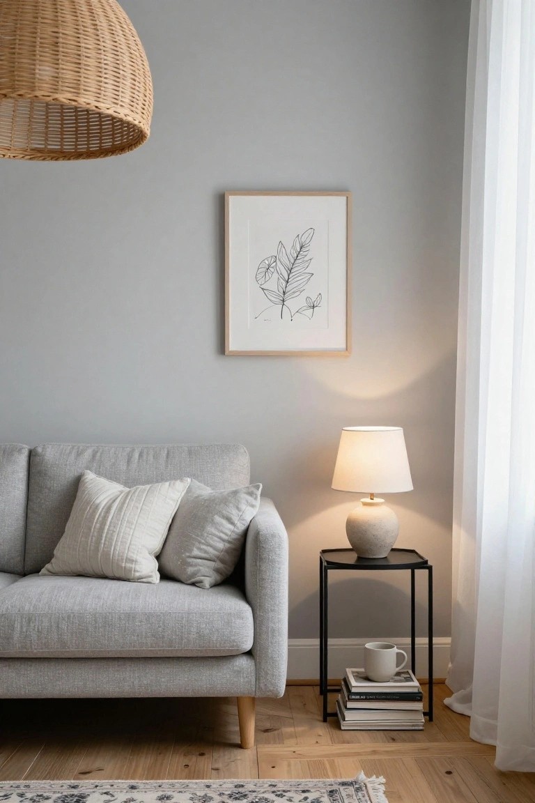 Light grey sofa with white textured pillows against pale grey wall in living room, black metal side table with terracotta lamp, white mug, and stacked books beside it, rattan pendant light overhead, line art print on wall, white sheer curtains, wooden floor, and edge of patterned rug.