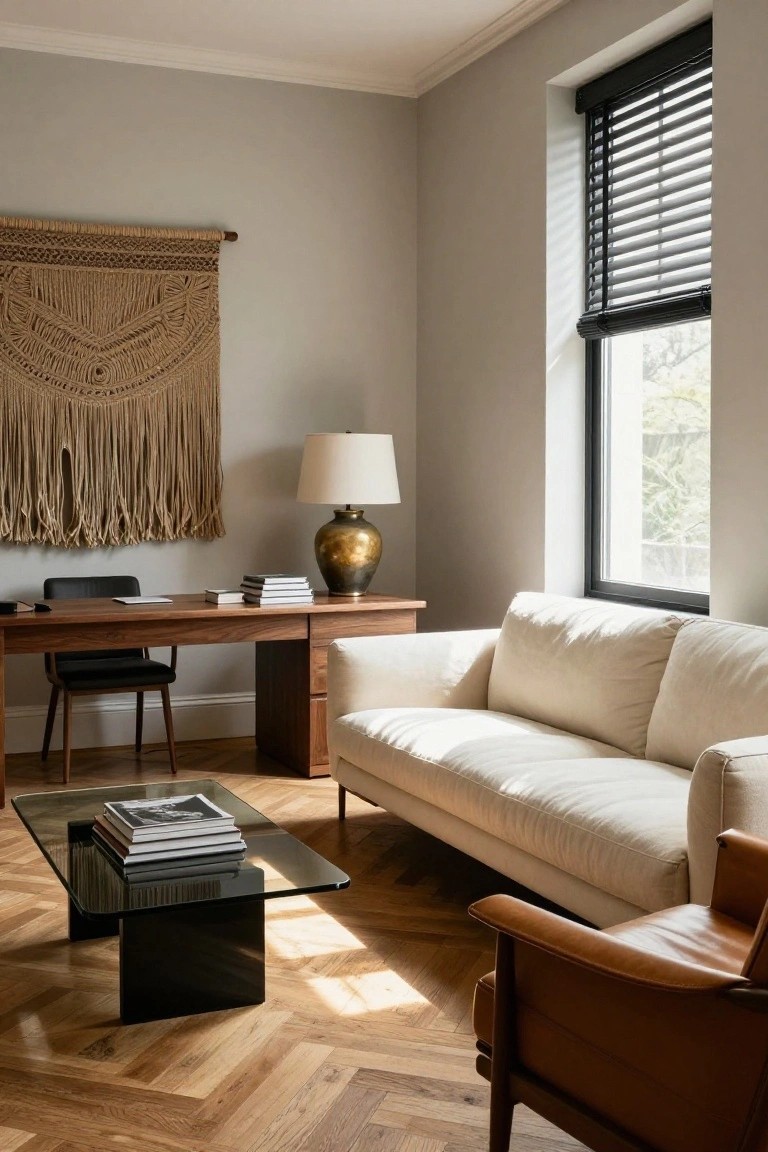 Light grey room with wooden desk and chair, cream fabric sofa, brown leather armchair, glass coffee table with books, brass lamp, and large macrame wall hanging on herringbone parquet floors.