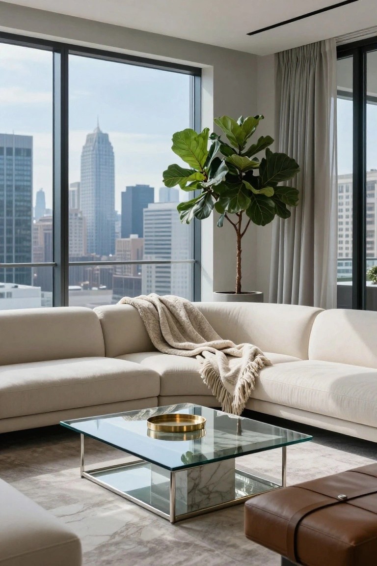 Modern living room featuring a light cream L-shaped sofa with a fringed throw blanket, glass and brass coffee table, large fiddle leaf fig plant in a white pot, and floor-to-ceiling windows showing a city skyline against pale grey walls.