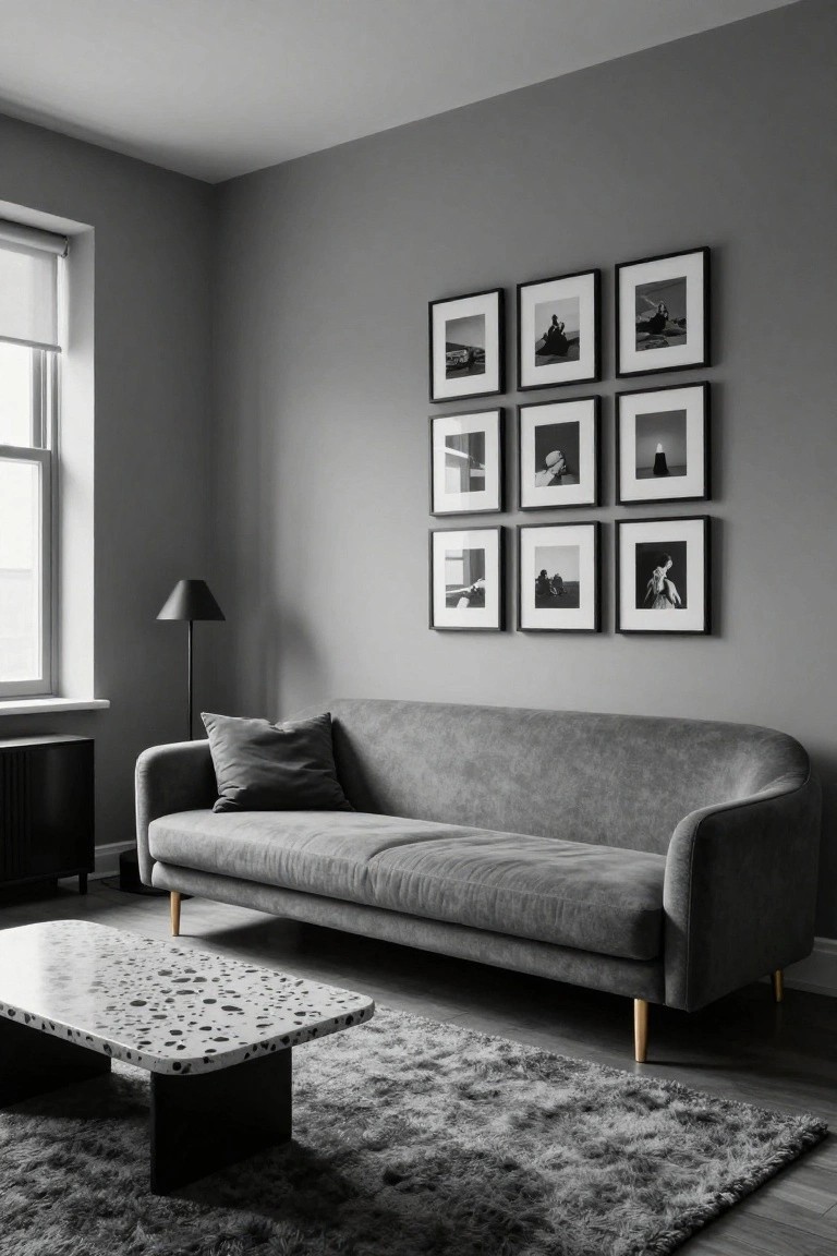 Grey-walled living room corner with curved grey upholstered sofa, two pillows, black-framed gallery wall of nine black and white photos, black floor lamp, black side table, terrazzo coffee table with white flecks, and light grey fluffy rug on wood floor.
