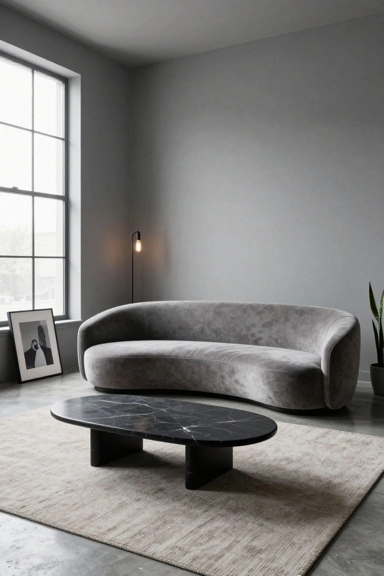 Contemporary living room with curved light gray velvet sofa, oval black marble coffee table on beige rug, light gray walls, black floor lamp, potted snake plant, framed black-and-white photo, and large window.