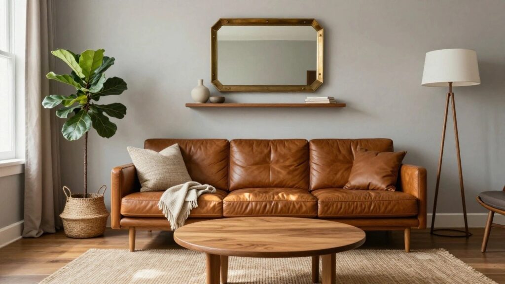 Modern living room with light grey walls, tan leather sofa, wooden oval coffee table, potted fiddle leaf fig plant, gold-framed mirror, floating wooden shelf with ceramics, and beige rug.
