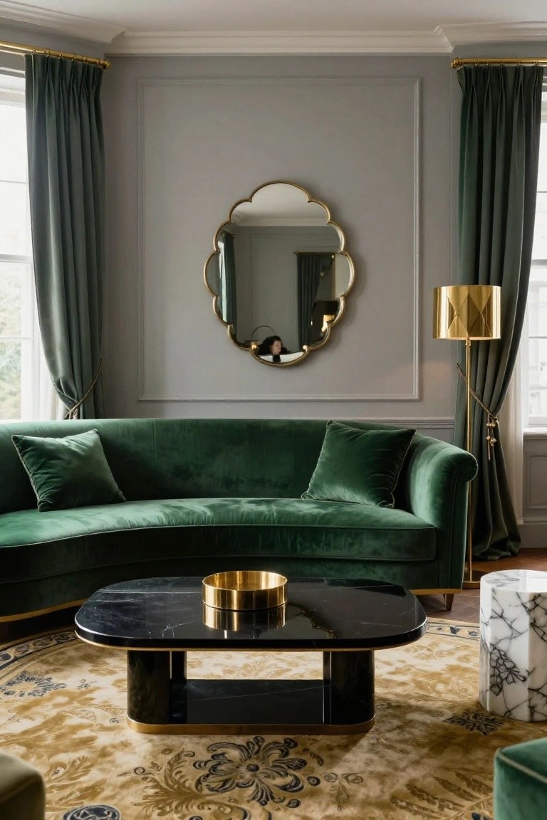 Curved emerald green velvet sofa in a light grey paneled living room with green curtains, gold scalloped mirror, gold floor lamp, black marble coffee table, white marble side table, and ornate rug.