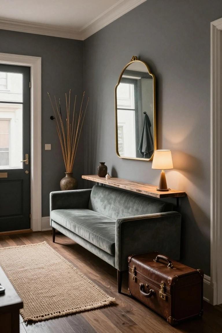 Corner of an interior room with grey walls, green velvet sofa on wood legs facing a seagrass rug, wooden floating shelf holding a lamp and ceramics beside a gold arched mirror, tall dried bamboo, terracotta vase, and dark green front door.