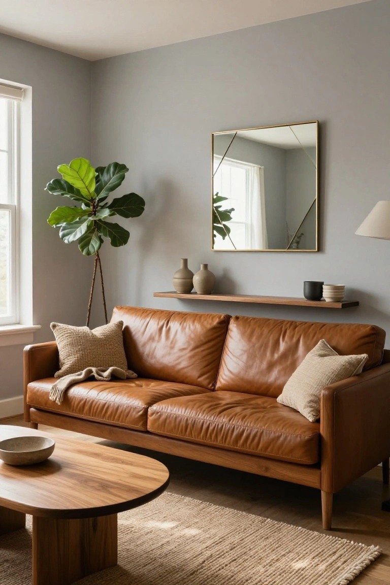 Modern living room with light grey walls, tan leather sofa, wooden oval coffee table, potted fiddle leaf fig plant, gold-framed mirror, floating wooden shelf with ceramics, and beige rug.