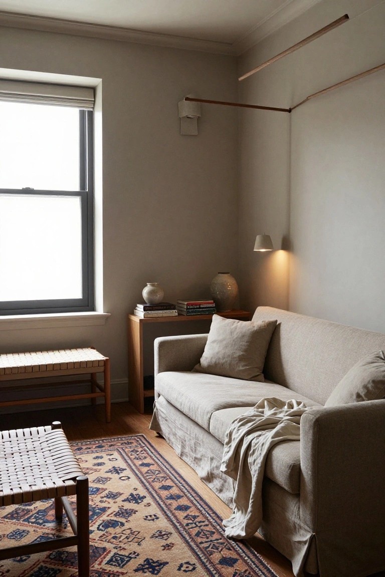 Corner indoor room with light grey walls, beige slipcovered sofa with cushions and white throw, wooden bench and side table holding books and ceramic vases, patterned rug on wood floor, window with roller shade.