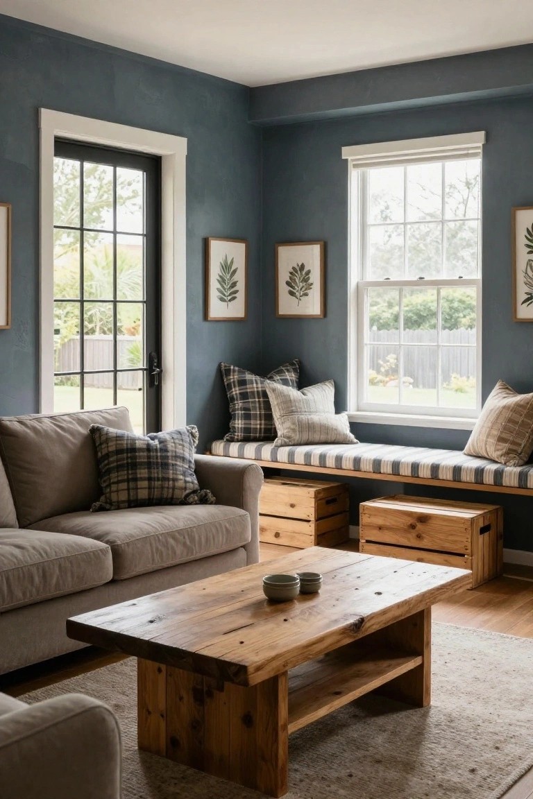 Living room corner with teal-grey walls, beige linen sofa topped with plaid and neutral pillows, adjacent window bench with striped cushion and pillows, wooden crates, and low wooden coffee table on light wood floor.