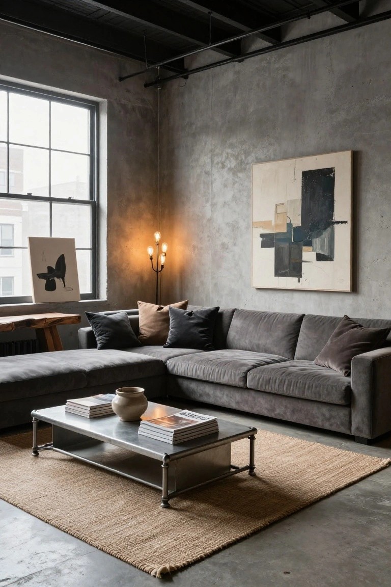 Industrial living room with grey concrete walls, L-shaped grey velvet sofa, metal coffee table on beige seagrass rug, abstract artwork, and floor lamp.
