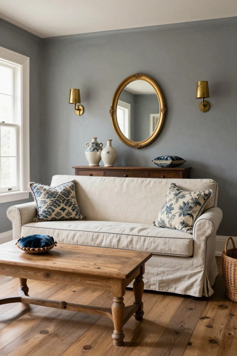 Light grey living room with a white slipcovered sofa accented by blue and white patterned pillows, a wooden coffee table holding a blue velvet pillow in a woven tray, wooden dresser with white vases, gold sconces, and oval gold mirror.