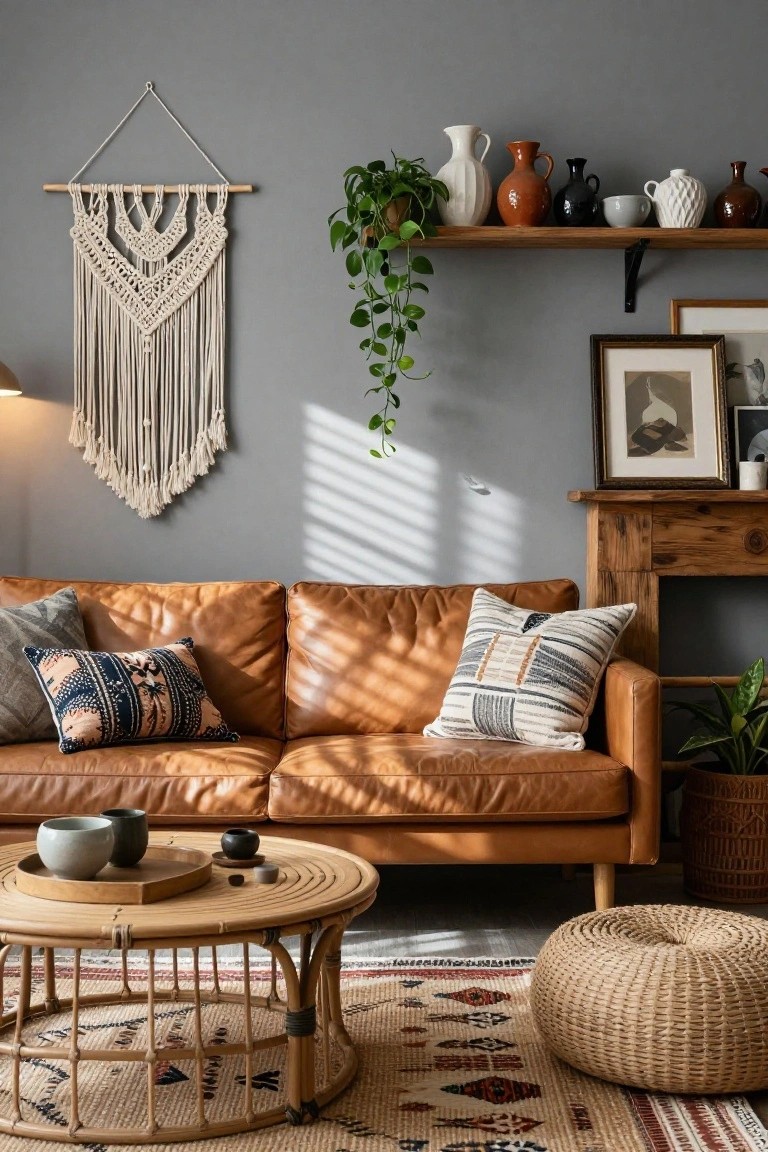 Living room with light grey walls, tan leather sofa with patterned pillows, floating wooden shelf holding assorted pottery and trailing plant, white macrame wall hanging, rattan coffee table with ceramics, woven pouf, and colorful rug.
