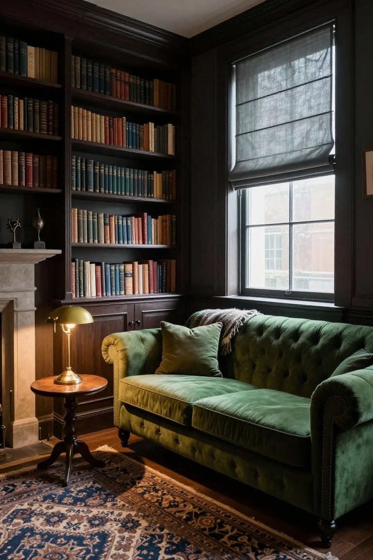 Dark wood-paneled library room with floor-to-ceiling bookshelves, green velvet tufted sofa, brass lamp on round side table, marble fireplace, and window covered by linen roman blinds.