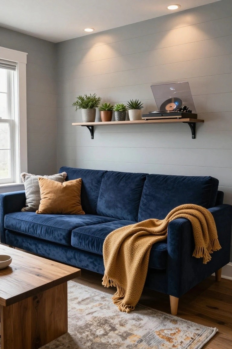 Navy blue velvet three-seater sofa with orange pillows and throw against light grey shiplap wall, floating wooden shelf with plants and record player above, wooden coffee table and rug in front