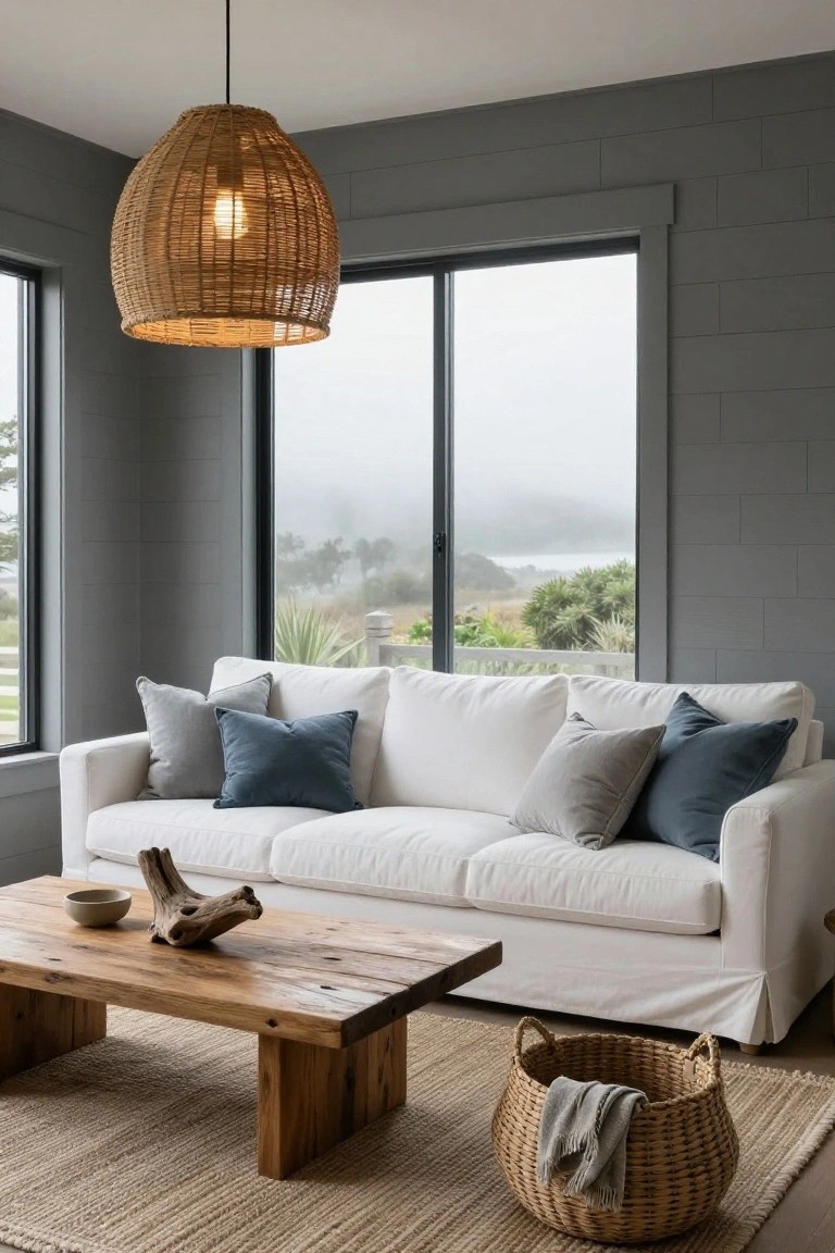 White slipcovered sofa with grey and navy pillows in a grey plank wall living room, low wooden coffee table with driftwood and bowl in front, rattan pendant lamp overhead, large sliding windows showing foggy coastal landscape.