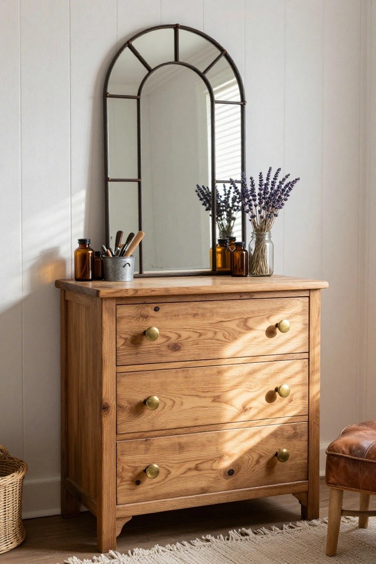 A light wood three-drawer dresser with brass knobs has an arched metal mirror above it and several amber glass bottles plus dried lavender on the surface.
