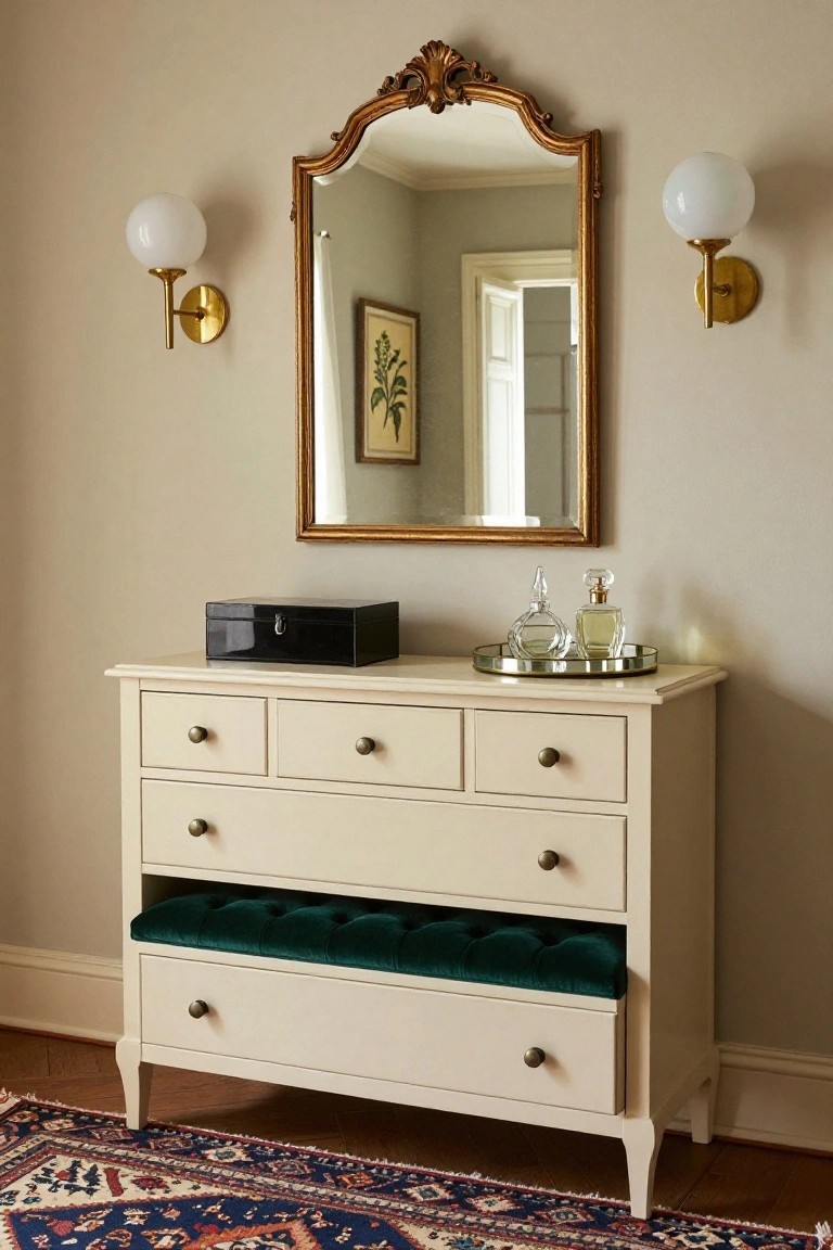 Cream dresser with green bench, gold mirror, and wall sconces.