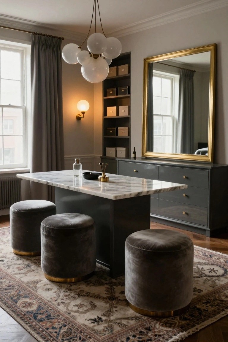A bedroom interior with a dark wood dresser holding a large gold-framed mirror above it, a marble-topped central table, and several gray velvet stools on a patterned rug.