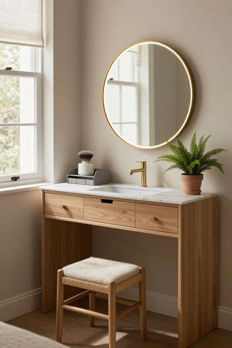 A light wood vanity with white marble top, integrated sink, gold faucet, round backlit mirror, and a wooden stool with white cushion in a neutral room.
