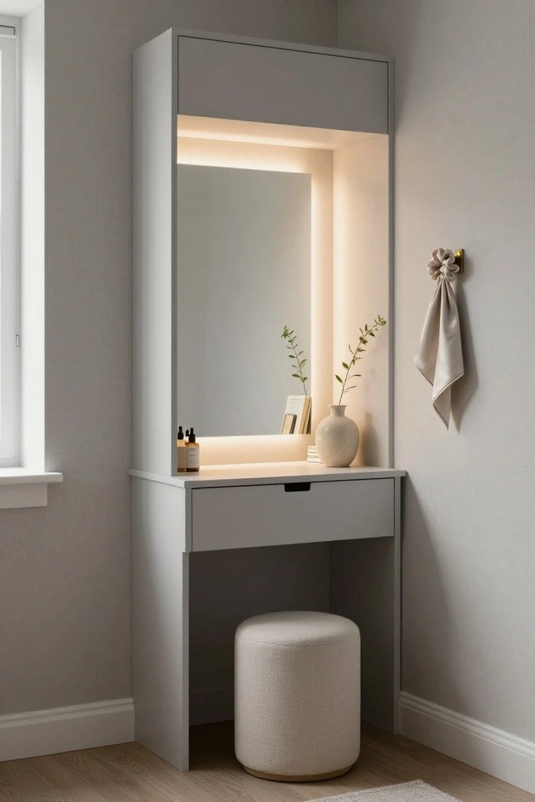 Modern white vanity with lit mirror, drawer, and round stool.
