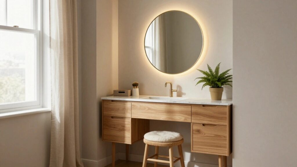 19 Functional Makeup Dresser Ideas for Effortless Daily Routines A light wood vanity with white marble top, integrated sink, gold faucet, round backlit mirror, and a wooden stool with white cushion in a neutral room.