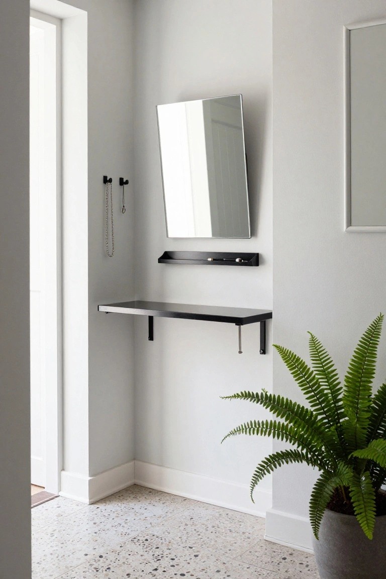 A minimalist interior corner with a black floating shelf, rectangular mirror mounted above it, and small black hooks holding necklaces on the light gray wall.