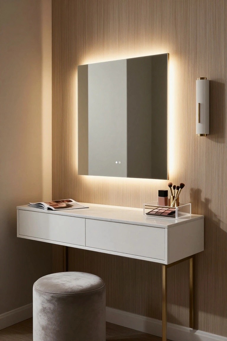 A white floating vanity with two drawers sits below a large backlit mirror on a wood-paneled wall, with a round gray stool in front and a few makeup items on the countertop.