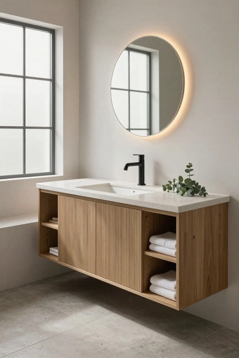 A floating wooden bathroom vanity with white countertop, black faucet, round backlit mirror, and open side shelves holding folded white towels.