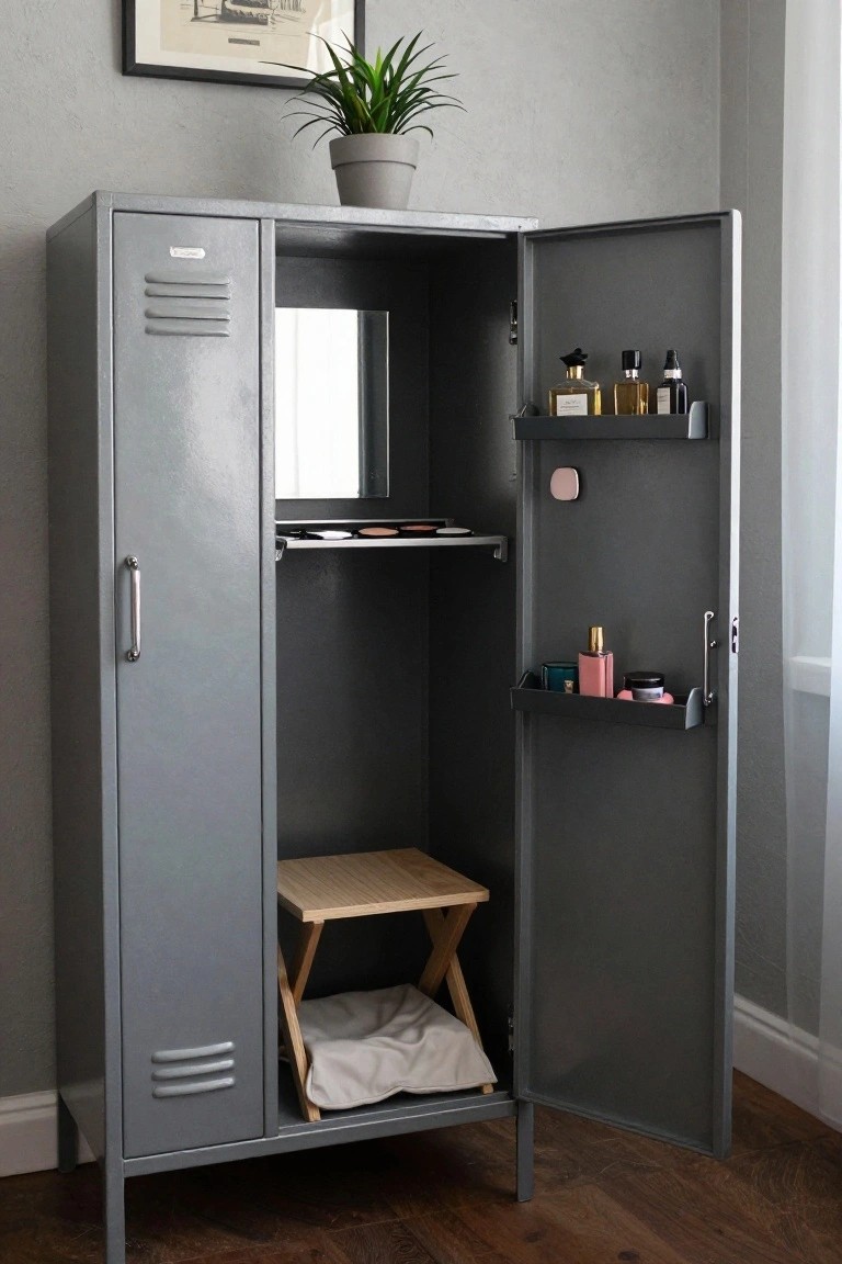 Gray metal locker cabinet with open doors, shelves, mirror, and stool.