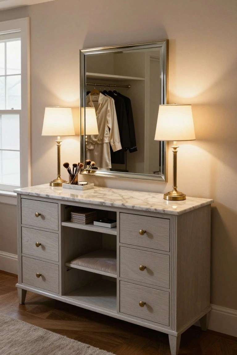 Light wood vanity with marble top, twin lamps, and large mirror.
