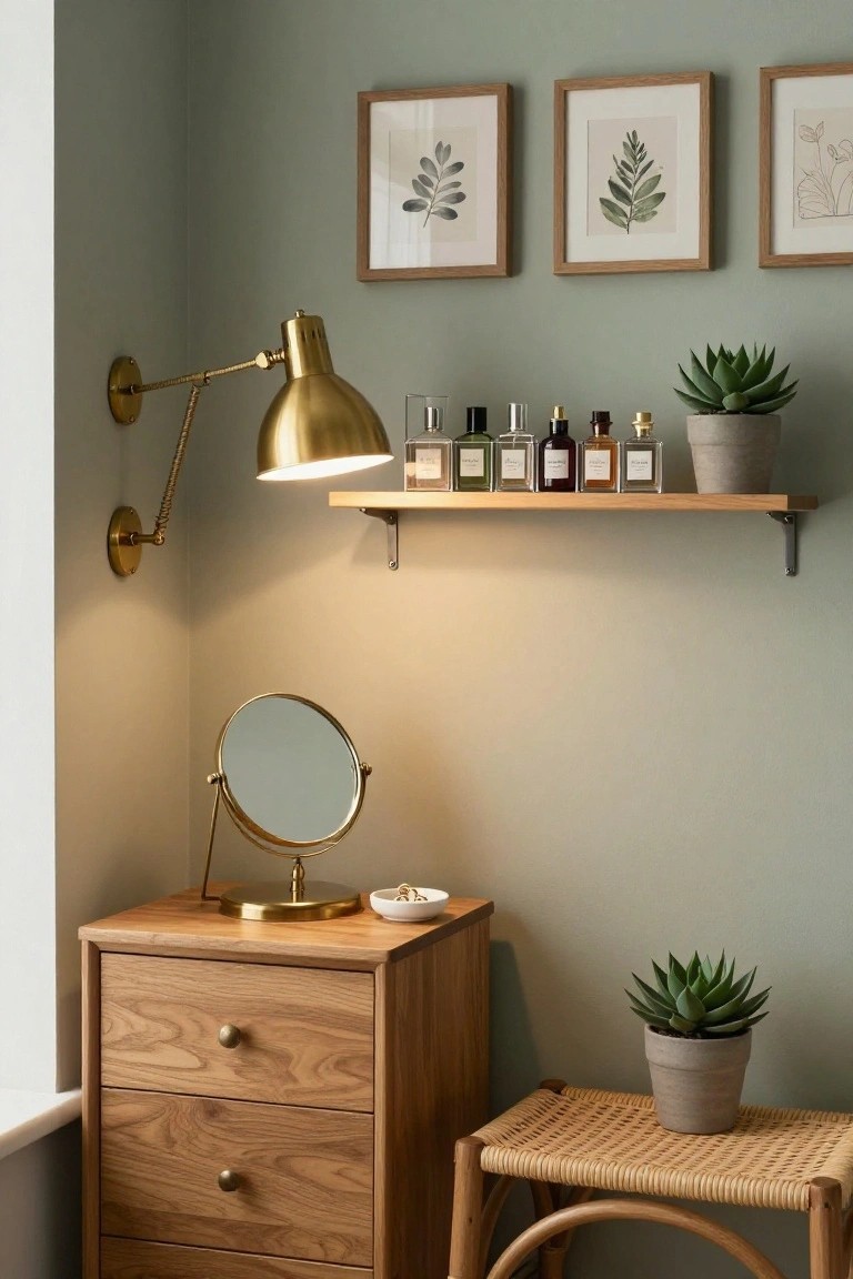 A wooden dresser topped with a round mirror and small dish sits below a floating shelf holding perfume bottles and a potted succulent, with a brass swing arm wall lamp shining light onto the surface.