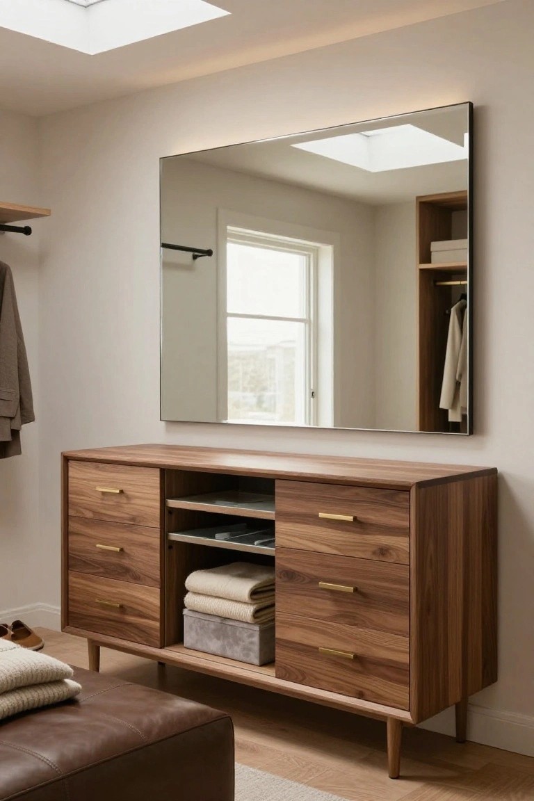 Modern walnut dresser with open shelves, gold handles, and large mirror.