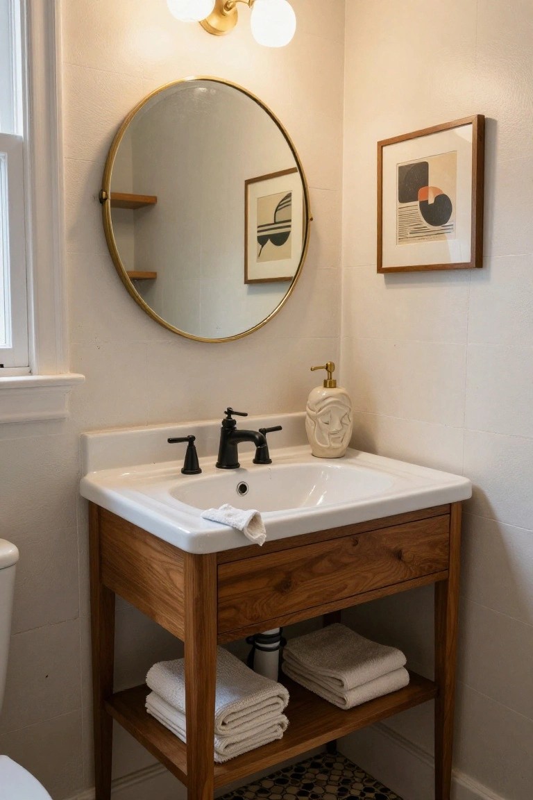 A white bathroom sink on a wooden console vanity with one drawer and an open lower shelf holding stacks of folded towels, topped by a round gold-framed mirror on a tiled wall.