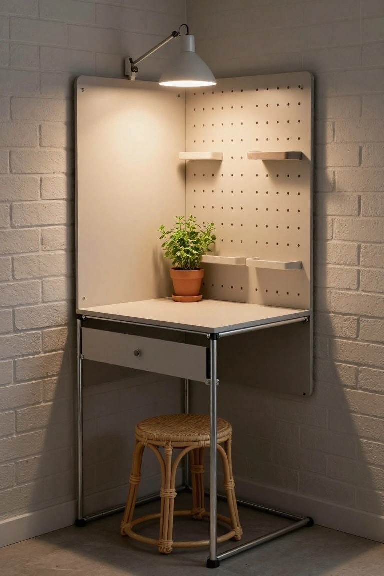 Minimalist corner desk with pegboard, lamp, plant, and woven stool.