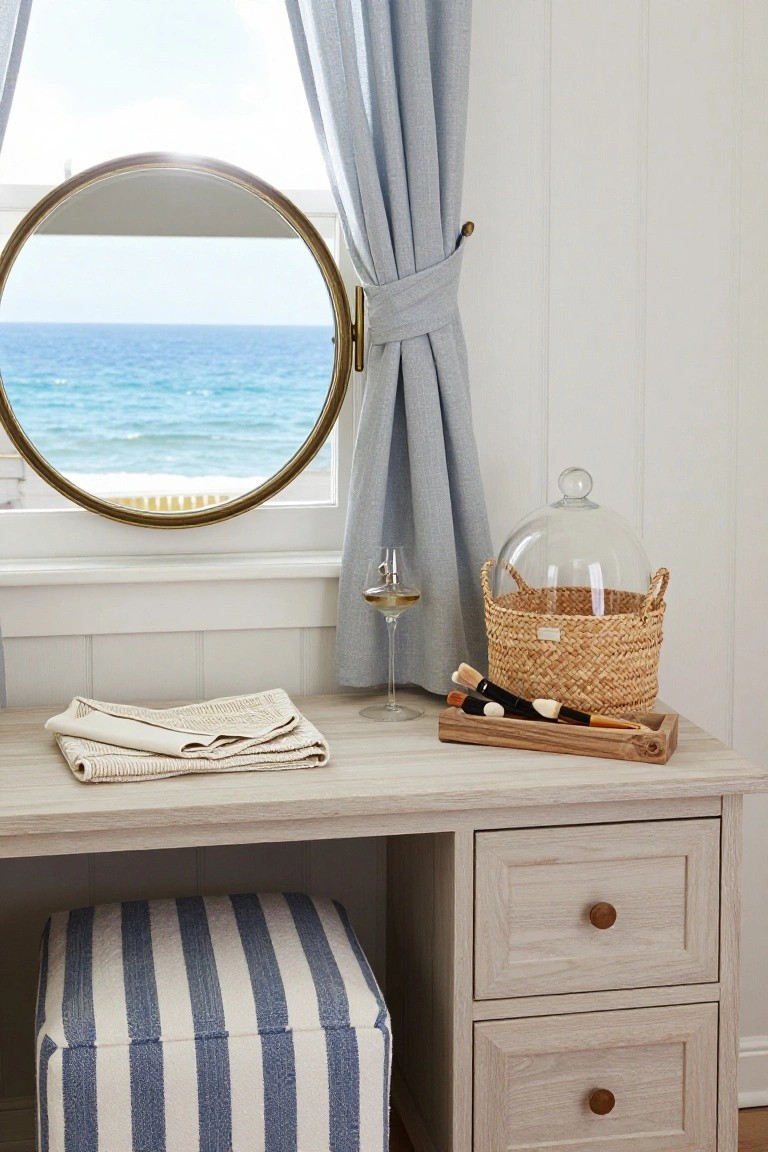 A light wood makeup vanity with two drawers sits under a round mirror beside a window overlooking the ocean, with a striped stool below and makeup items arranged on the tabletop.