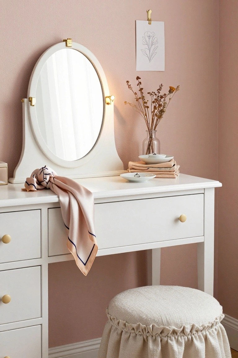 White vanity table with oval mirror, pink scarf, stool, and dried flowers.