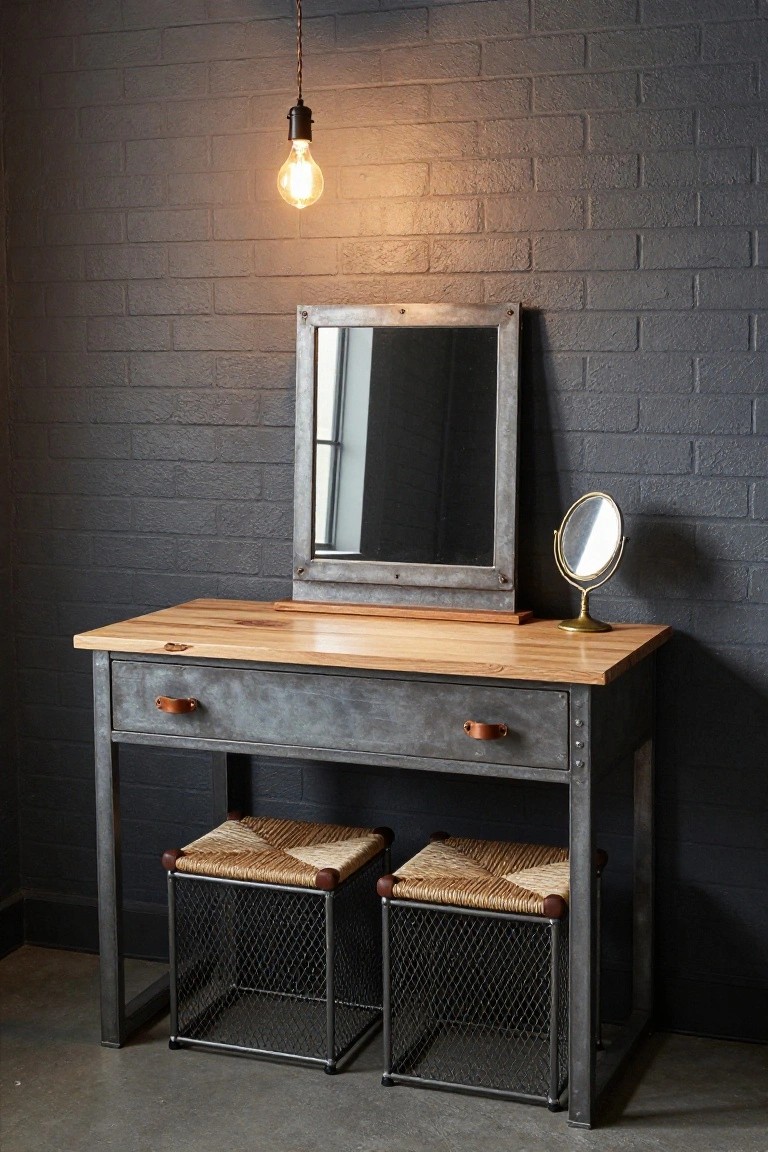 Industrial-style makeup vanity with wood top, metal frame, and two woven stools stored underneath, set against a dark brick wall with a hanging light bulb.