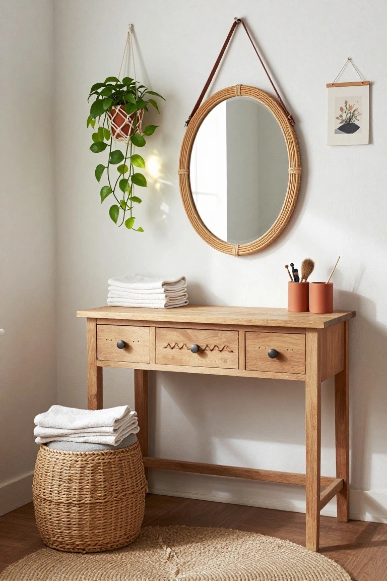 Wooden vanity with round mirror, woven basket, and hanging plant.