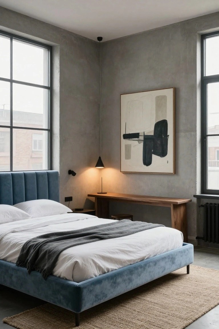 Corner bedroom view showing a turquoise velvet tufted bed frame with white bedding and gray throw, wooden desk and stool nearby, abstract painting on textured gray walls, black lamp, and large steel-framed windows.