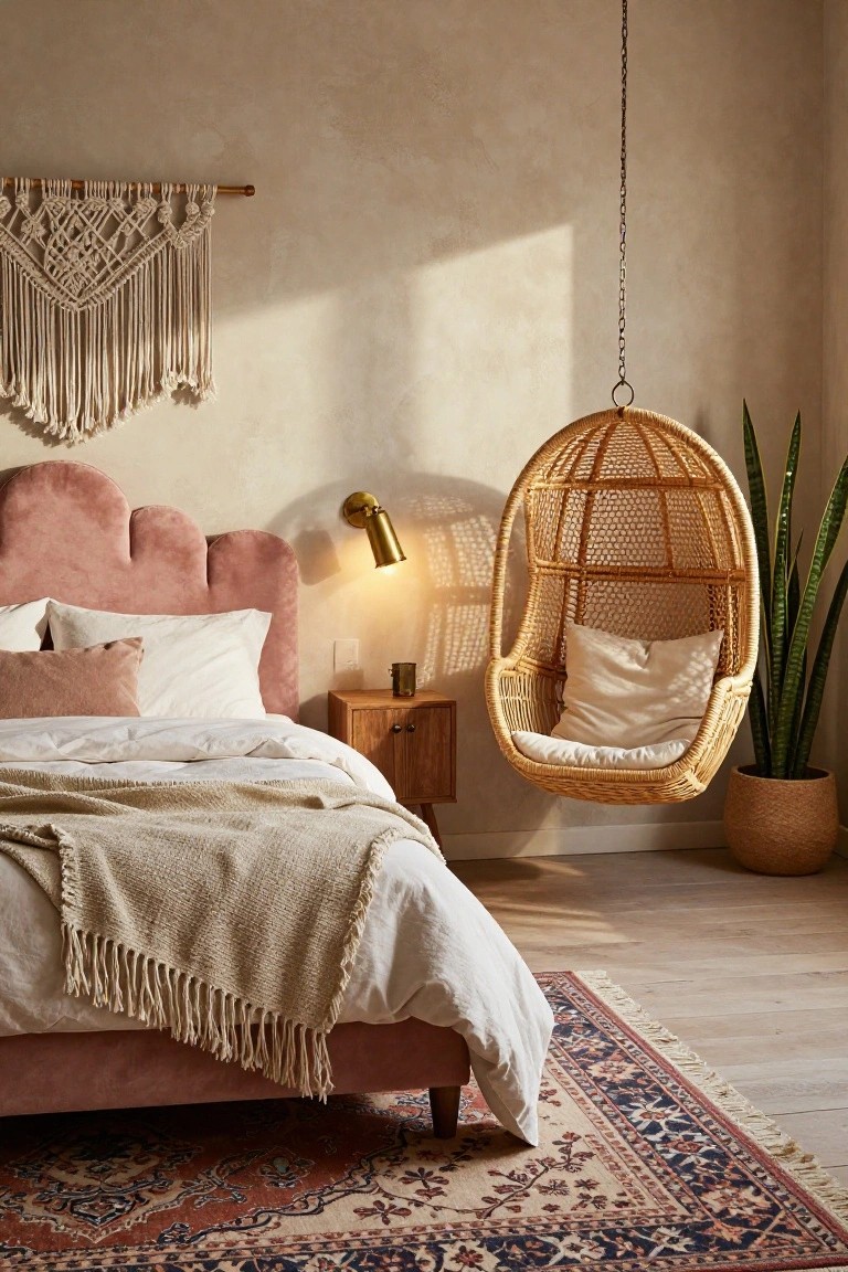 Bedroom interior with pink velvet scalloped headboard bed draped in white sheets and cream throw, wooden nightstand with gold lamp, hanging rattan egg chair with white cushion next to potted snake plant, macrame wall hanging, and Persian-style rug on light wood floor.