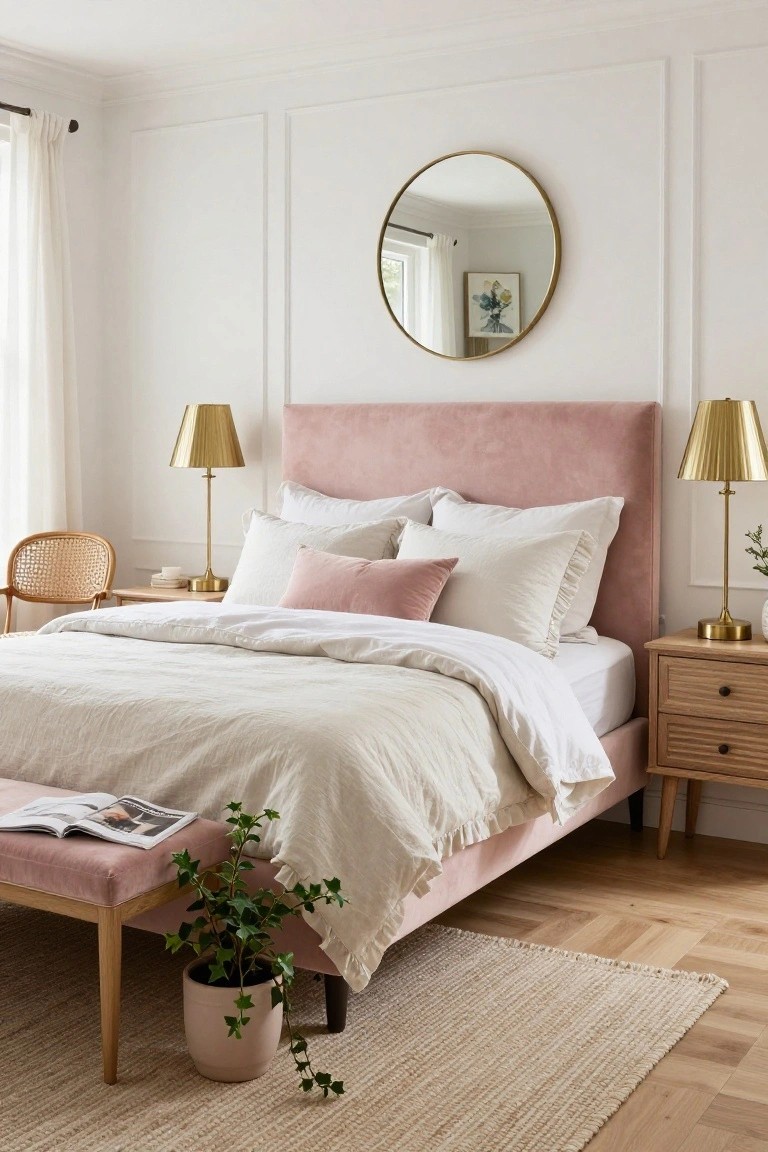 Bedroom interior with blush pink velvet upholstered headboard, white linen bedding and pillows, brass cone lamps on wooden nightstands, rattan chair, pink bench with plant at bed foot, round brass mirror on white paneled wall, sheer curtains, and light wood floor with rug.