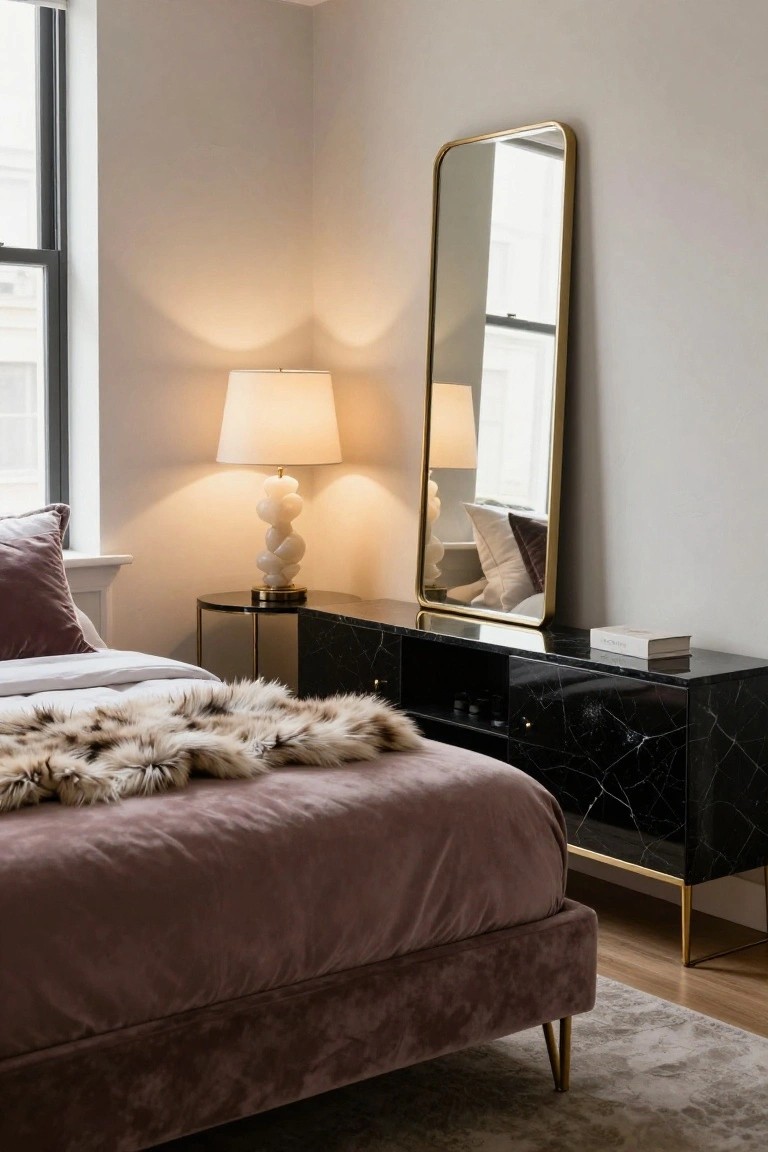 Corner of a bedroom showing a blush velvet upholstered bed frame with gold legs, black marble dresser, white lamp with sculptural base, tall gold-framed mirror, and fur throw on the bed.