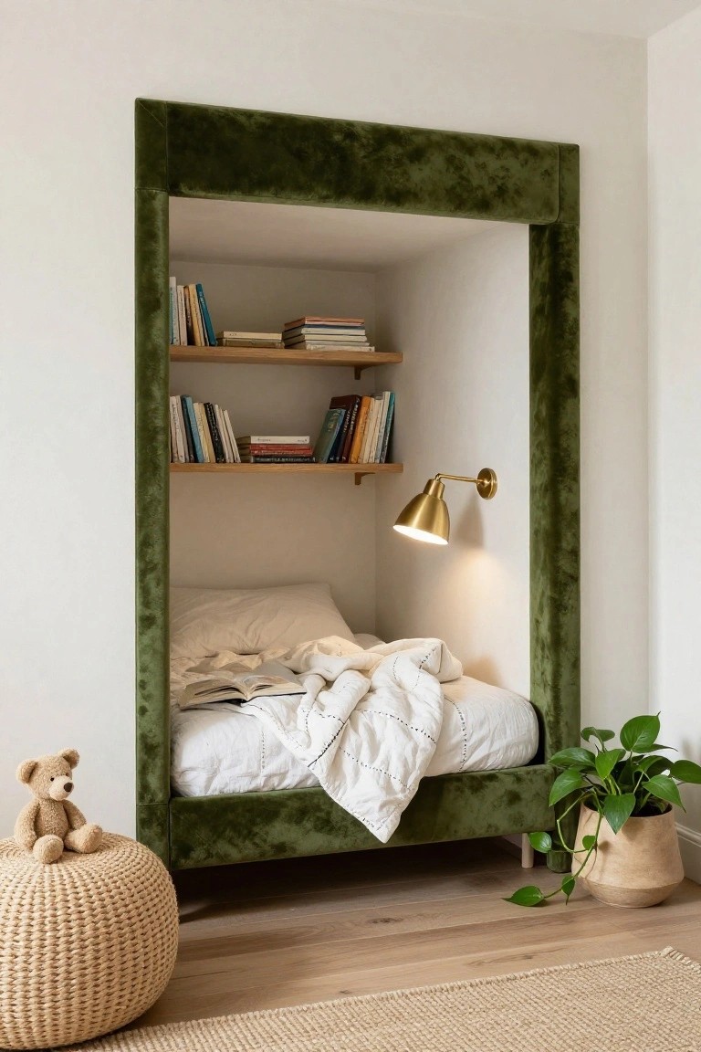 Recessed bed nook with emerald green velvet-upholstered frame, wooden shelves stocked with books above, brass swing-arm lamp lit beside it, white rumpled bedding on the bed, teddy bear on woven pouf stool, potted plant in tan pot, white walls, wood floor, and beige rug.