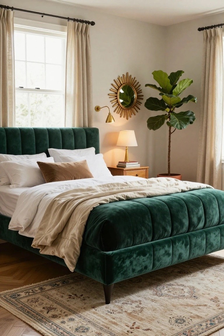Bedroom with tufted emerald green velvet bed frame, white and beige pillows and bedding, gold sunburst mirror, table lamp, wooden nightstand, large potted ficus plant, neutral walls, linen curtains, and patterned rug.