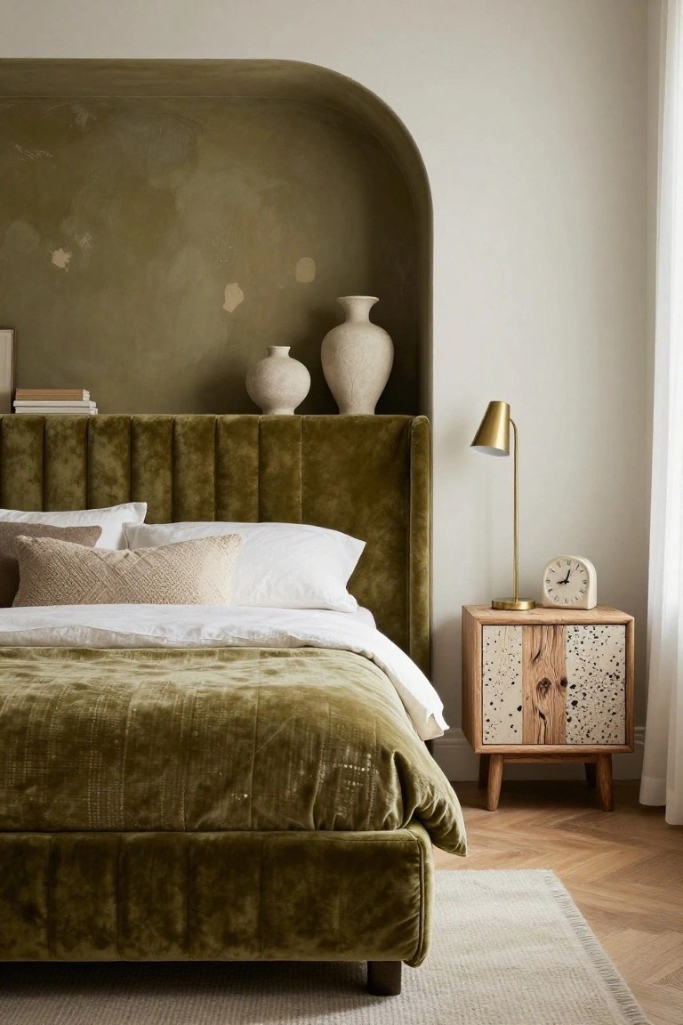 Green velvet tufted bed frame against a matching arched textured wall niche, with white and tan pillows and duvet, wooden nightstand holding gold lamp and white clock, in a bedroom with hardwood floors and neutral rug.