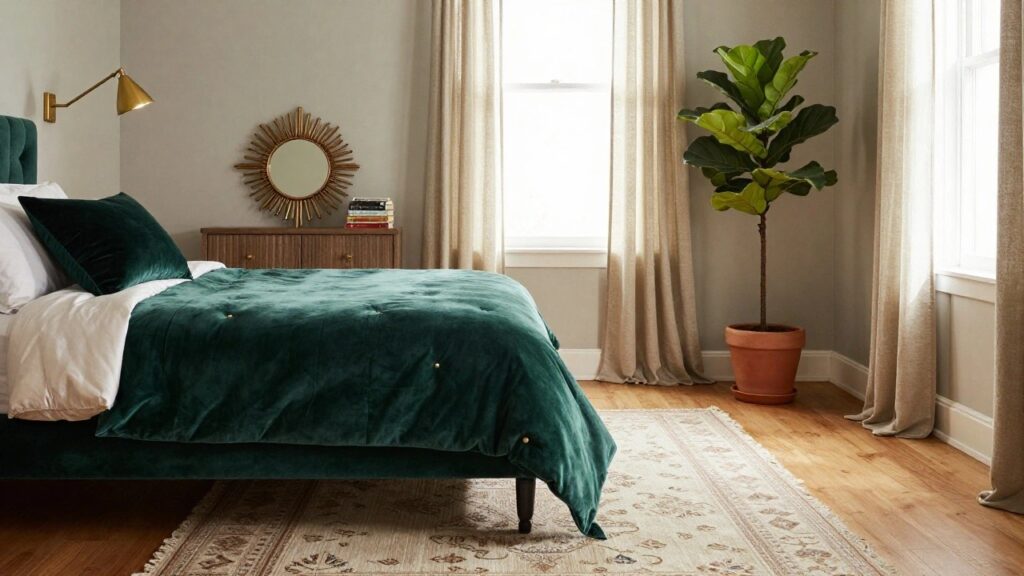 19 Glam Velvet Bed Frame Ideas for a Soft and Chic Look Bedroom with tufted emerald green velvet bed frame, white and beige pillows and bedding, gold sunburst mirror, table lamp, wooden nightstand, large potted ficus plant, neutral walls, linen curtains, and patterned rug.