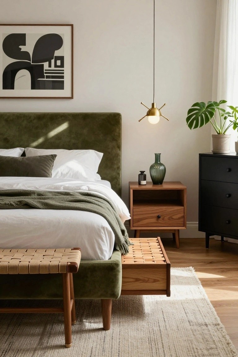 Bedroom with forest green velvet upholstered bed frame, white bedding and gray throw pillows, wooden nightstand holding green glass vase and small bottle, black dresser, rattan bench at bed foot, monstera plant in pot, gold pendant light, abstract black and white wall art, sheer curtains, and light wood floors with white rug.