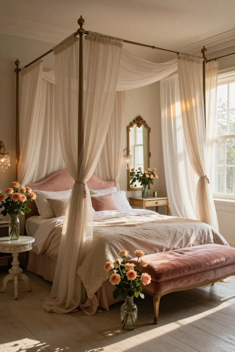 A sunlit bedroom with a brass four-poster canopy bed topped by a curved pink velvet headboard, white sheer curtains, gold-accented furniture, and vases of orange-pink roses on side tables and a bench.
