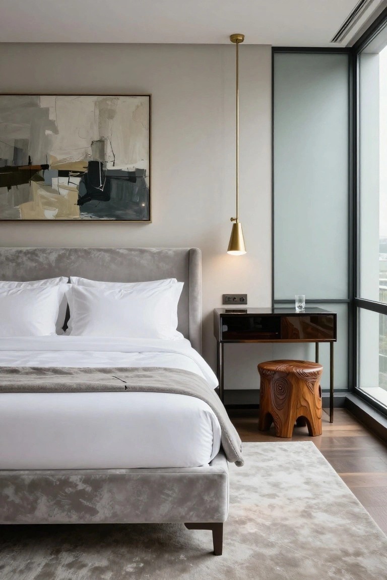 Modern bedroom with light gray velvet upholstered bed frame and tufted headboard, white bedding, brass cone pendant light, black lacquered bedside table, carved wood stool, abstract neutral painting, and large frosted window overlooking cityscape on wood floor with gray rug.