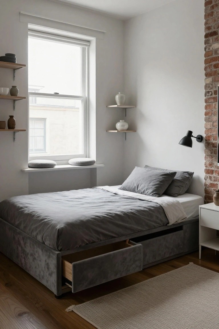 Bedroom with gray velvet upholstered platform bed frame featuring wooden storage drawers, white nightstand, exposed brick wall, floating white shelves holding ceramics and vases, black wall lamp, and large window with roller blind.